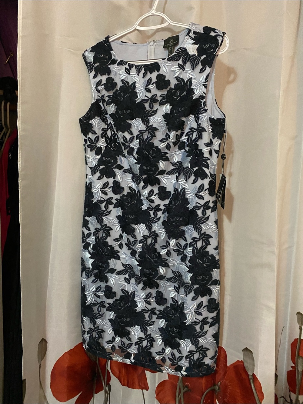 Adrianna Papell Navy and Pale Blue  Floral Lace Overlay Dress
